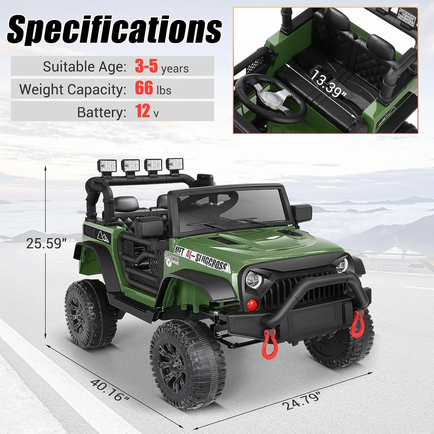 Hikole Ride On Car Truck, 12V Battery Powered Kids Electric Car w/ 2.4 GHZ Parental Remote Control，Spring Suspension,LED Lights,Safety Belt, Music, MP3, 2 Doors Open, Green