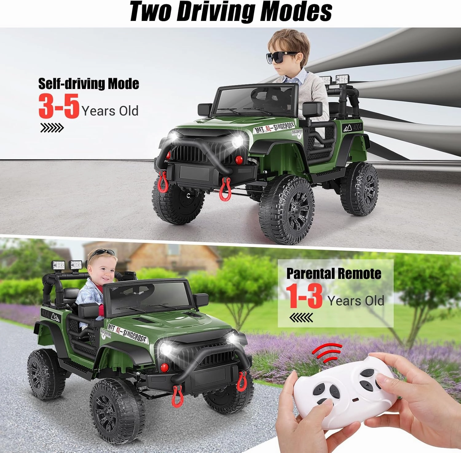 Hikole Ride On Car Truck, 12V Battery Powered Kids Electric Car w/ 2.4 GHZ Parental Remote Control，Spring Suspension,LED Lights,Safety Belt, Music, MP3, 2 Doors Open, Green