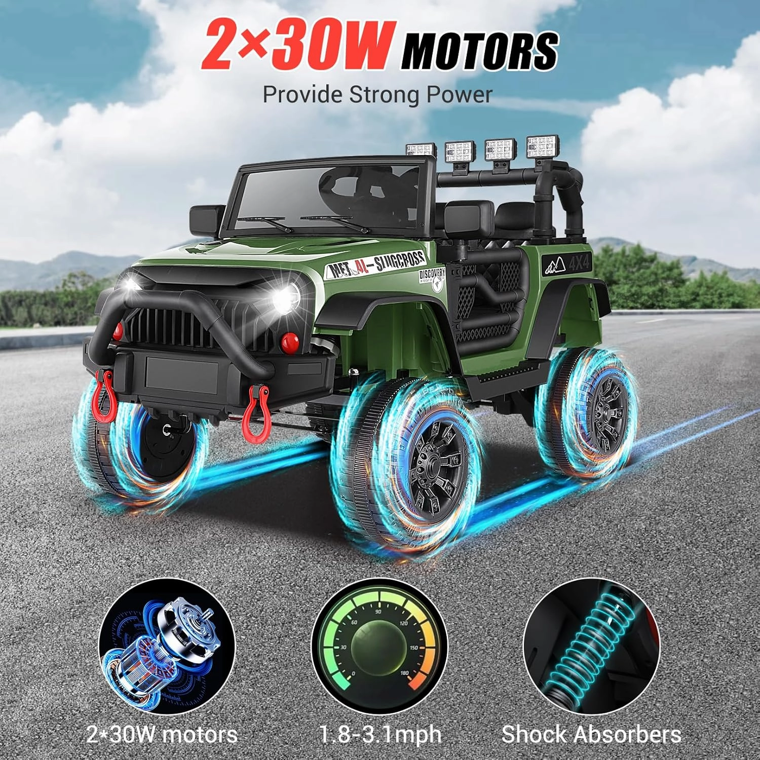 Hikole Ride On Car Truck, 12V Battery Powered Kids Electric Car w/ 2.4 GHZ Parental Remote Control，Spring Suspension,LED Lights,Safety Belt, Music, MP3, 2 Doors Open, Green