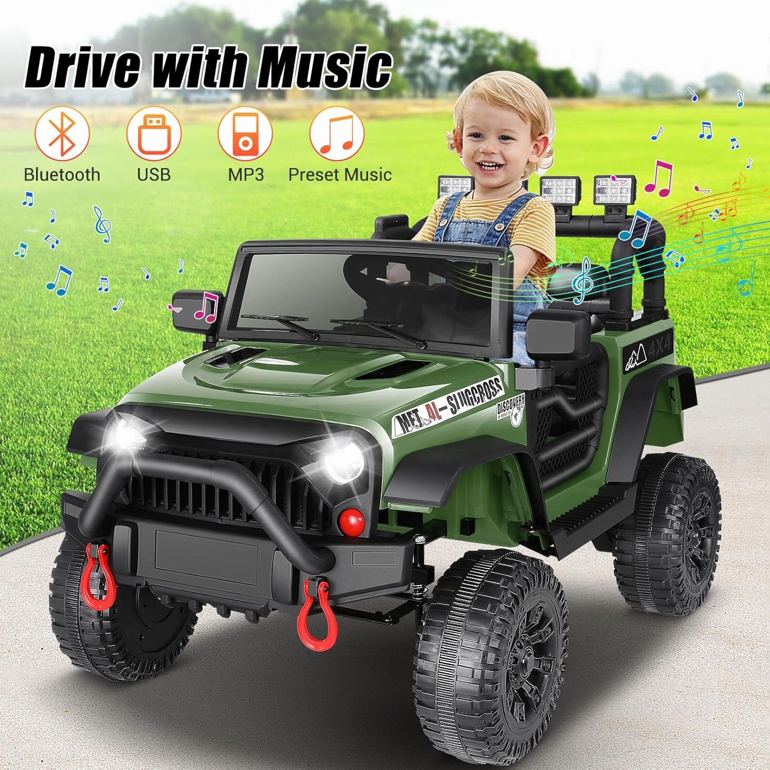 Hikole Ride On Car Truck, 12V Battery Powered Kids Electric Car w/ 2.4 GHZ Parental Remote Control，Spring Suspension,LED Lights,Safety Belt, Music, MP3, 2 Doors Open, Green