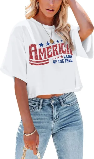 hohololo American Flag Crop Tops Women USA Crop Shirt Patriotic 4th of July Tee Memorial Day Tshirt Girls Crop Tops