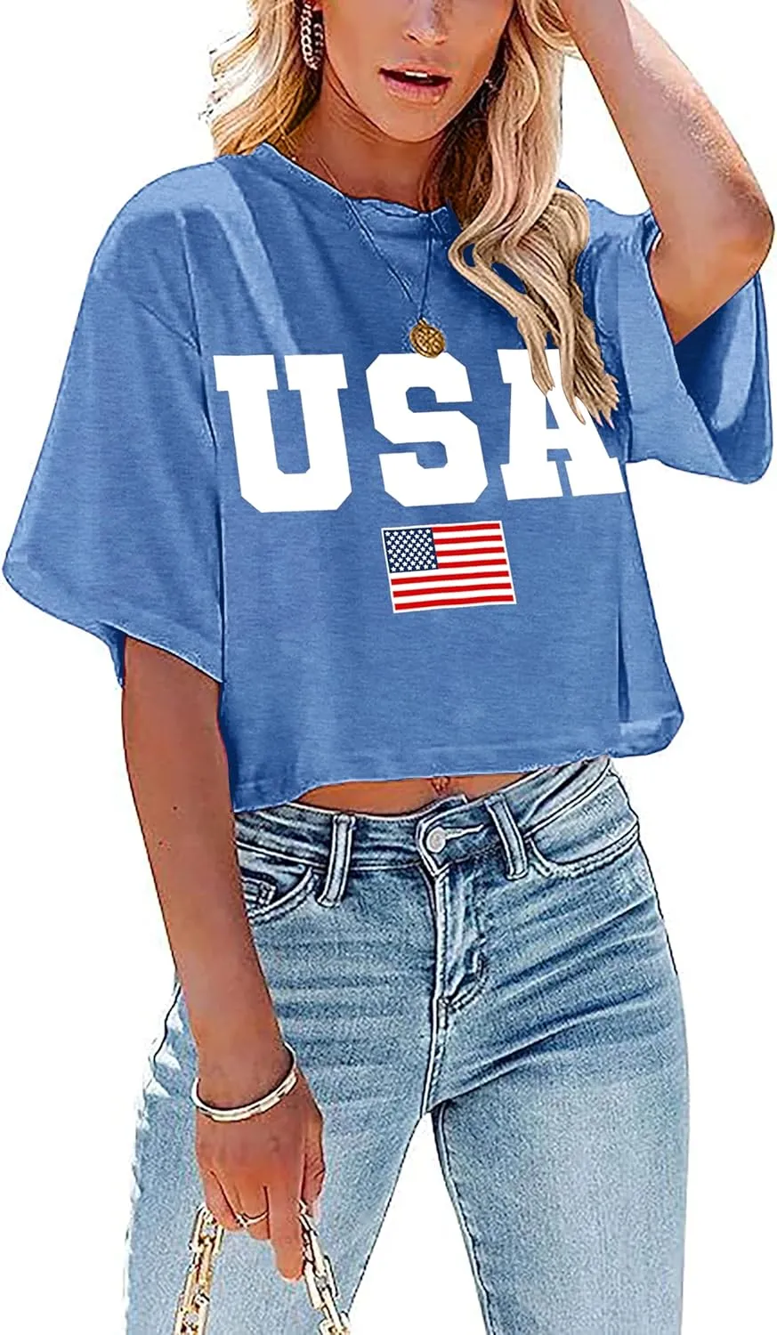 hohololo American Flag Crop Tops Women USA Crop Shirt Patriotic 4th of July Tee Memorial Day Tshirt Girls Crop Tops
