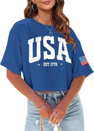 hohololo American Flag Crop Tops Women USA Crop Shirt Patriotic 4th of July Tee Memorial Day Tshirt Girls Crop Tops