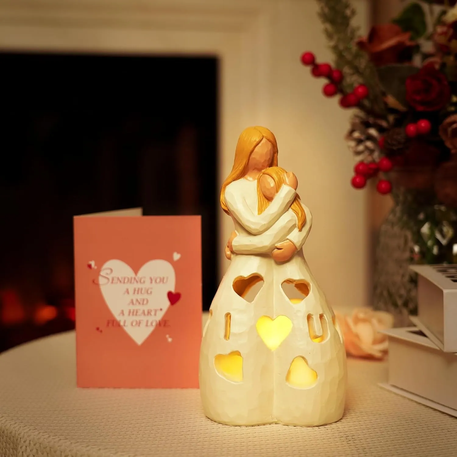 Homemory Gifts for Mom Birthday Mothers Day Present Candleholder Statue Flickering LED Tea Lights for Daughters Sister Best Friends Unique Gift Ideas Greeting Card (Hug-White)