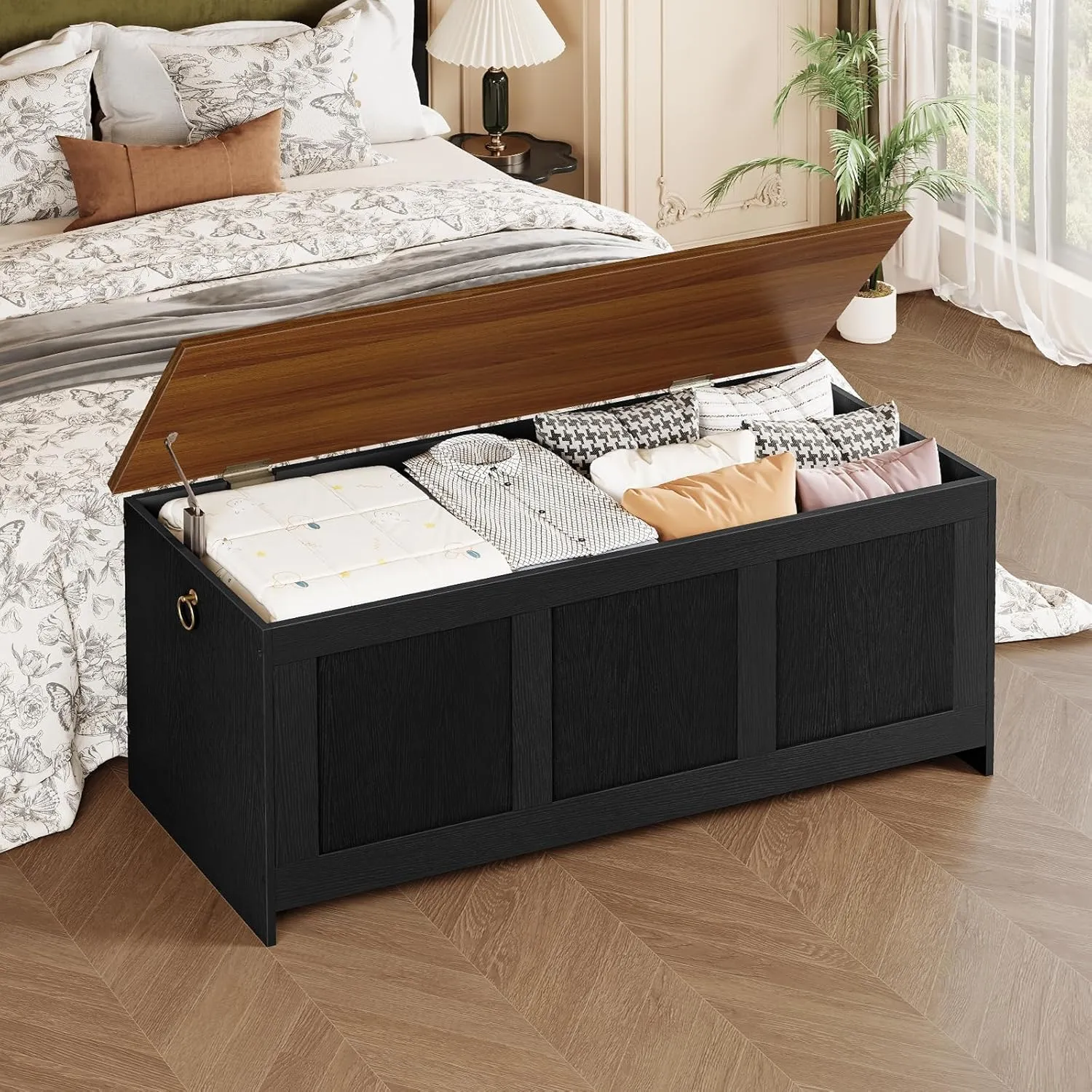 HOOBRO Storage Bench, 43.3" Retro Wooden Storage Chest, Wooden Storage Trunk, Toy Chest with Lift Top, Multifunctional Entryway Organizer, for Entryway, Living Room, Black and Walnut BH411CW01