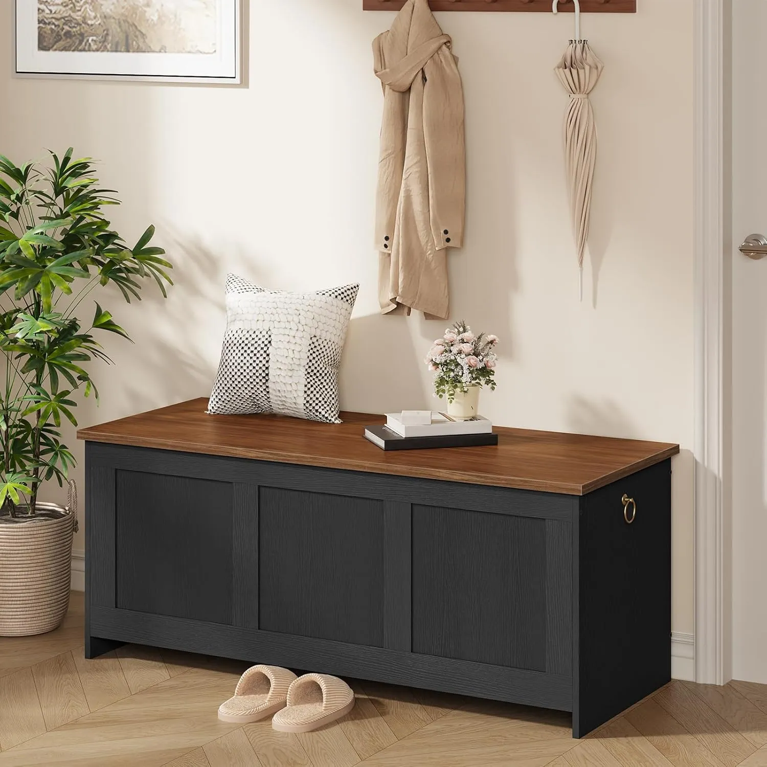 HOOBRO Storage Bench, 43.3" Retro Wooden Storage Chest, Wooden Storage Trunk, Toy Chest with Lift Top, Multifunctional Entryway Organizer, for Entryway, Living Room, Black and Walnut BH411CW01