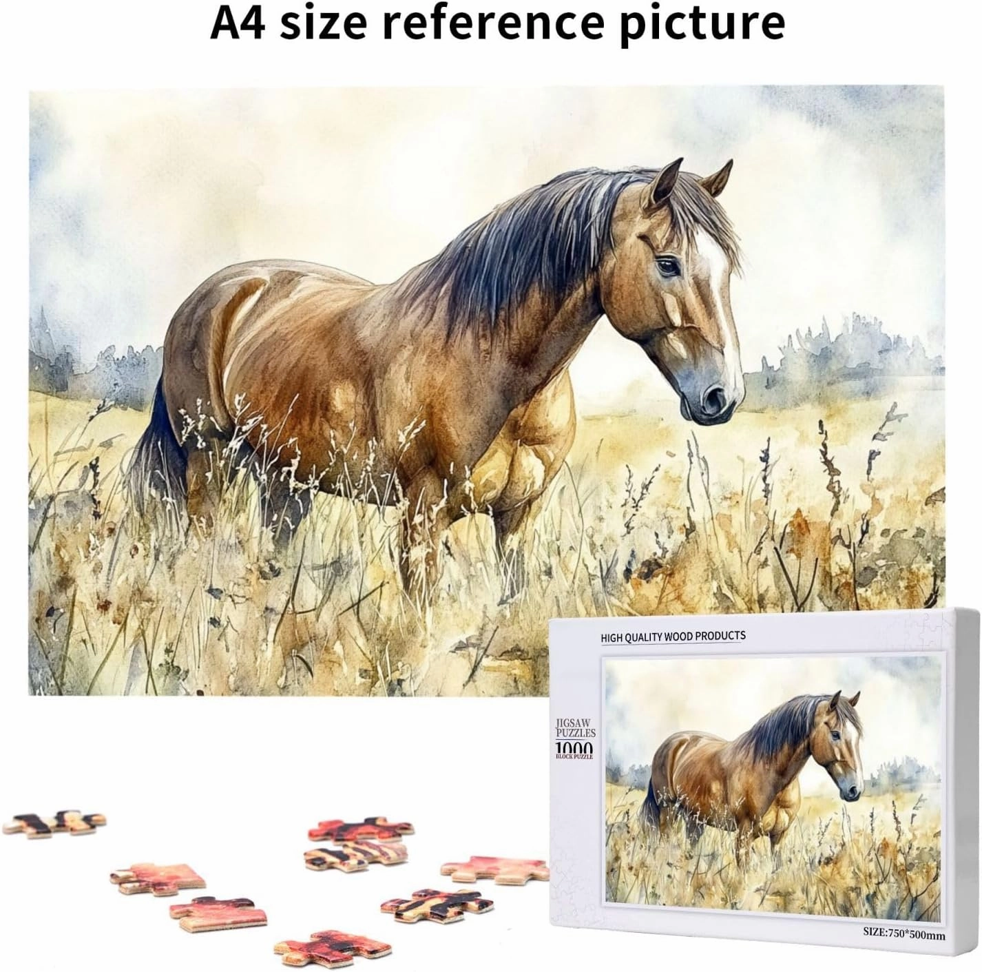 Horses grazing on The Grassland 1000 Pieces of Adult Wooden Puzzle - Unique and Beautiful Design,an Ideal Choice for Exercising brainpower，Thoughts soar，Gifts for Family and Friends