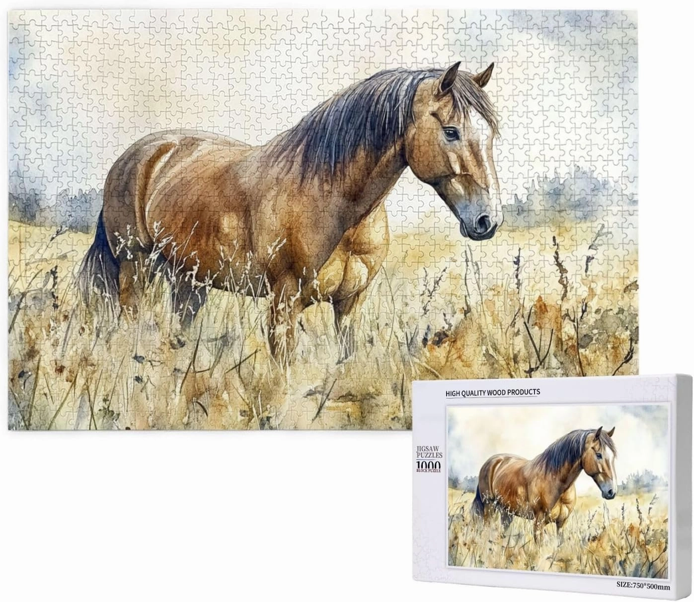 Horses grazing on The Grassland 1000 Pieces of Adult Wooden Puzzle - Unique and Beautiful Design,an Ideal Choice for Exercising brainpower，Thoughts soar，Gifts for Family and Friends