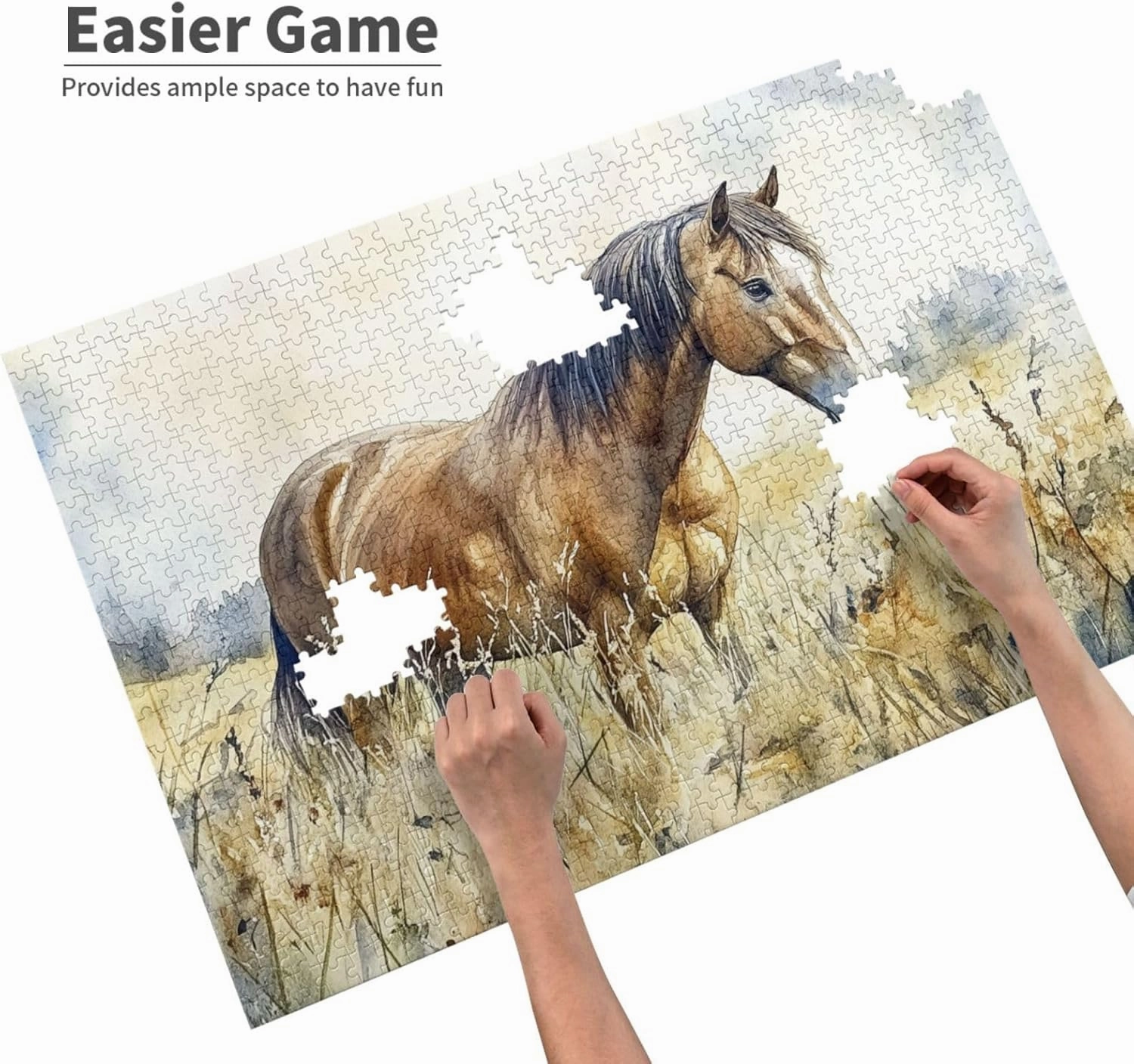 Horses grazing on The Grassland 1000 Pieces of Adult Wooden Puzzle - Unique and Beautiful Design,an Ideal Choice for Exercising brainpower，Thoughts soar，Gifts for Family and Friends