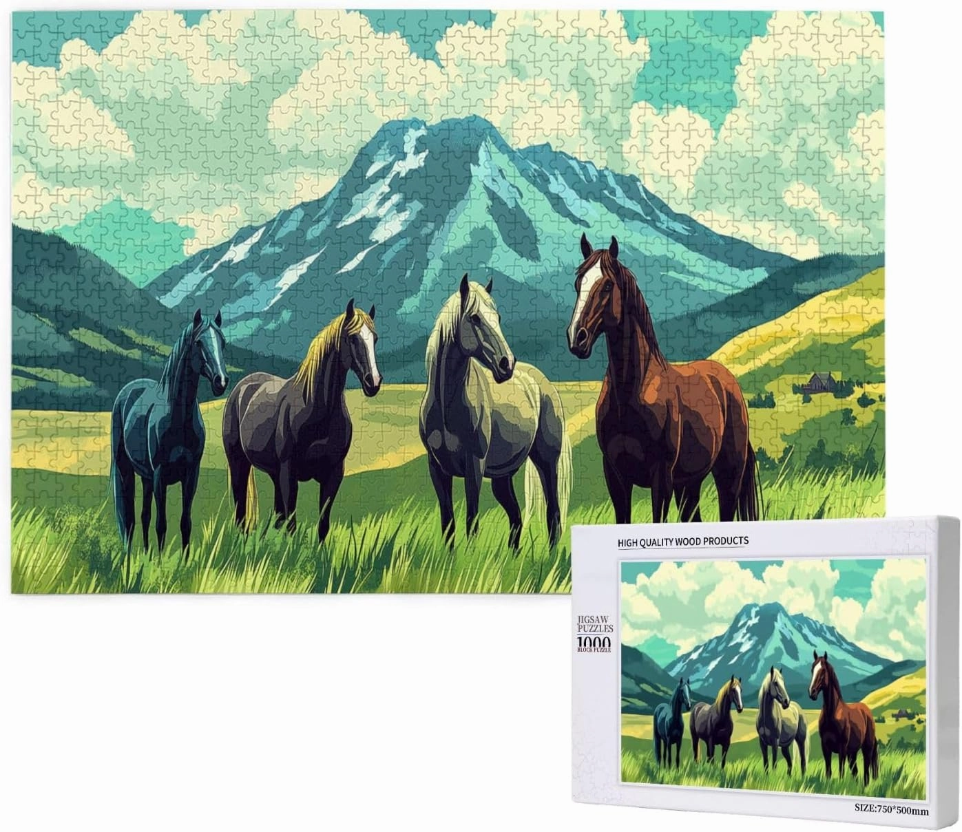 Horses On Alpine Grassland,1000 Pcs Wooden Jigsaw Puzzles for Adults,Interesting Entertainment Games, Exercise Your Hands-On Skills，Promote A Warmer Relationship，Enjoy The Process