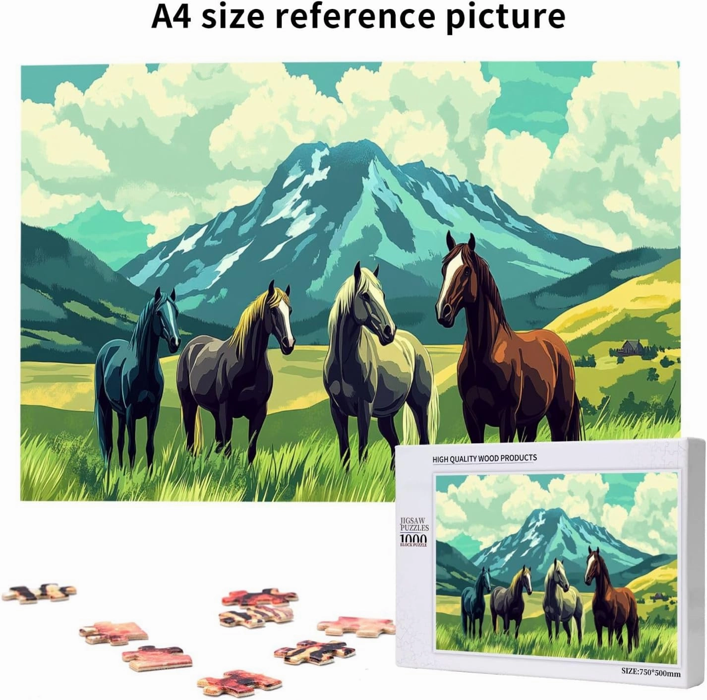 Horses On Alpine Grassland,1000 Pcs Wooden Jigsaw Puzzles for Adults,Interesting Entertainment Games, Exercise Your Hands-On Skills，Promote A Warmer Relationship，Enjoy The Process