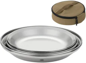 HXBER Stainless Steel Plate Fruit Dish Camping Dishes Set Metal Saucer Outdoor Tableware Kit Picnic Plates Portable Dishes with Storage Bag