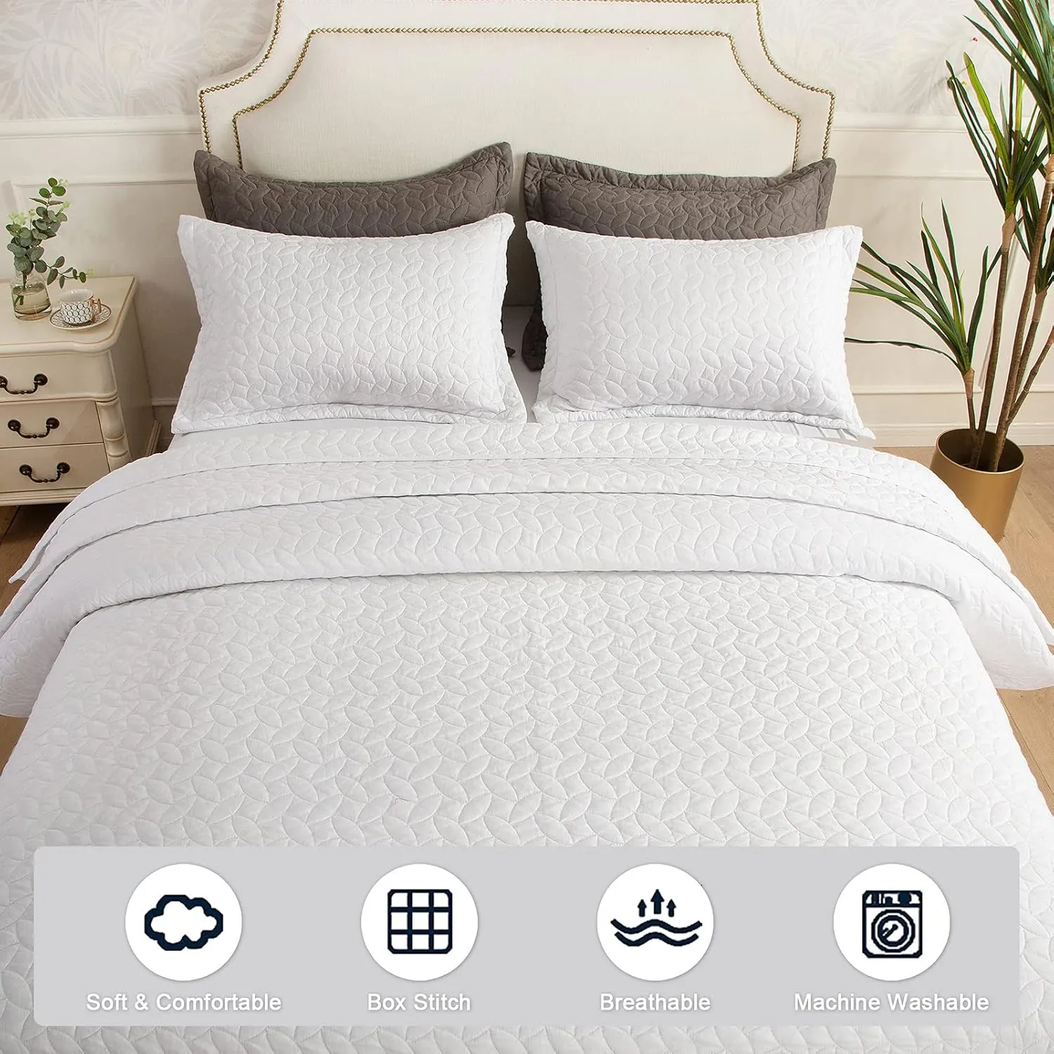 Hygge Hush Summer Quilt Set, Twin Size Pure White Leaves Pattern 2 Pieces Quilt Set, Oversized Modern Style Bedspread Set for All Season (1 Quilt & 1 Pillow Shams)