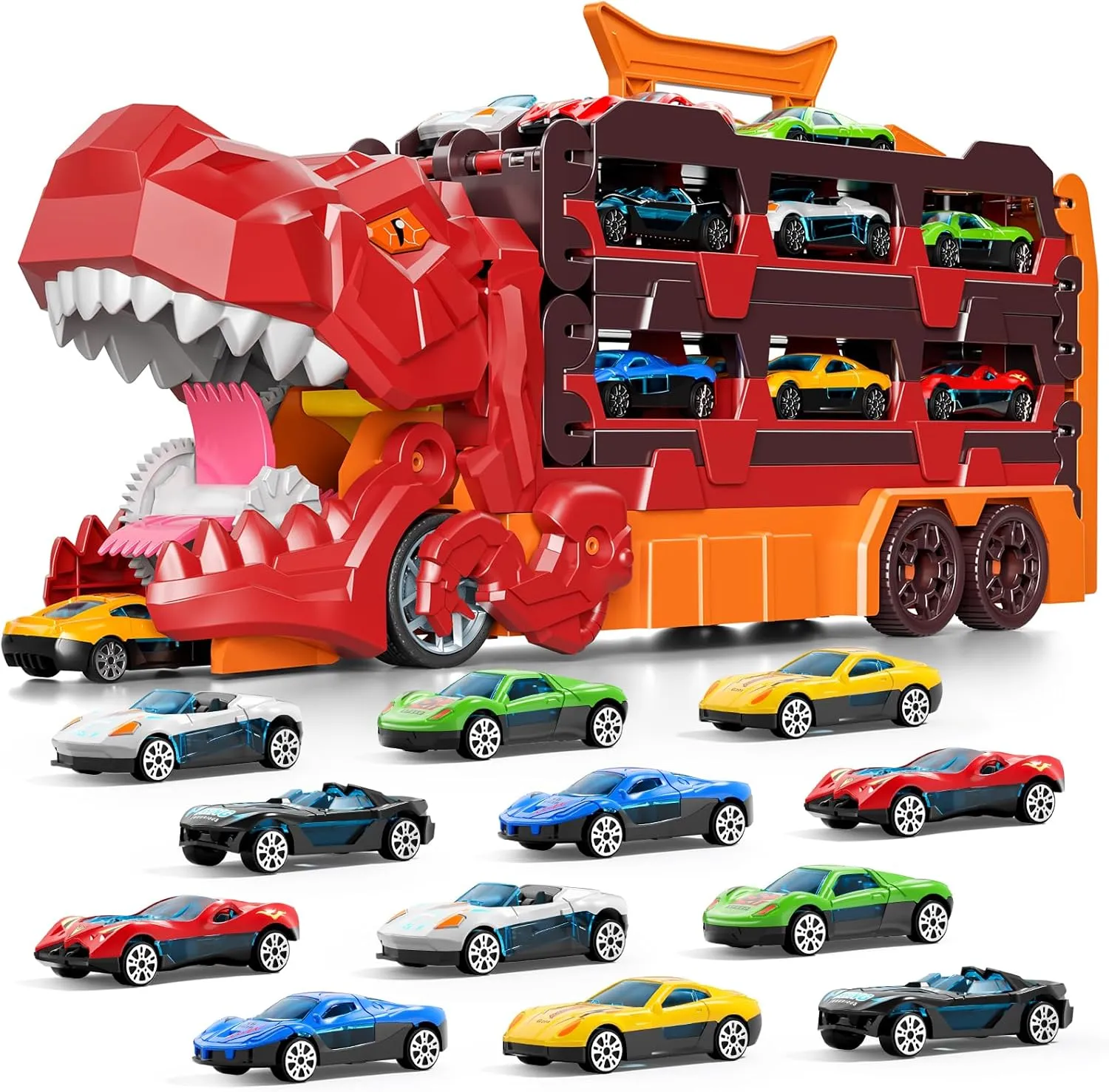 IHAHA Dinosaur Race Track Toys for Ages 3-4 4-6, 59-inches Transport Dinosaur Truck with 12 Die-cast Cars, Carrier Truck Toy Birthday Gifts Toys for 3 4 5 6 Year Old Boy