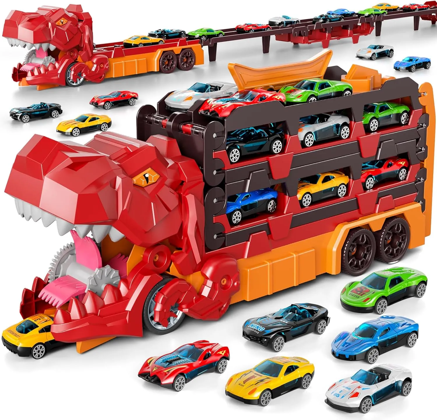 IHAHA Dinosaur Race Track Toys for Ages 3-4 4-6, 59-inches Transport Dinosaur Truck with 12 Die-cast Cars, Carrier Truck Toy Birthday Gifts Toys for 3 4 5 6 Year Old Boy