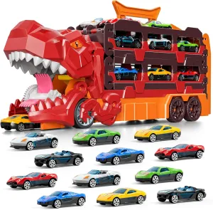IHAHA Dinosaur Race Track Toys for Ages 3-4 4-6, 59-inches Transport Dinosaur Truck with 12 Die-cast Cars, Carrier Truck Toy Birthday Gifts Toys for 3 4 5 6 Year Old Boy