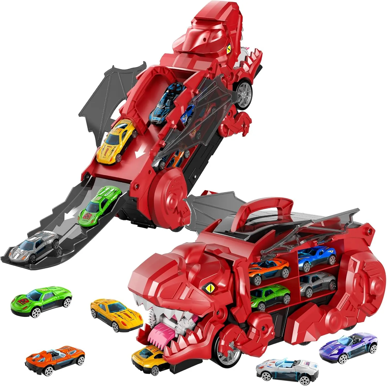 iHaHa Toddler Truck Toys for 3 4 5 6 Years Old Boys, Toys Cars Track Set Dinosaur Transporter Truck with 10 Die-Cast Car Toys, Transforms into Dino, Toddler Car Toys Set for Kids Boys Girls