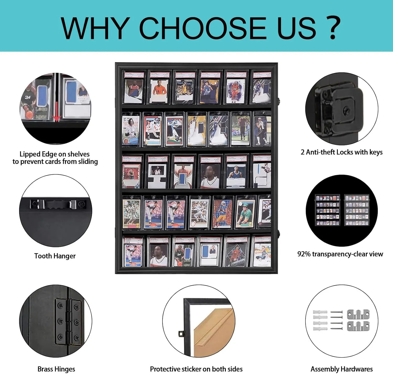 IHEIPYE 35 Baseball Card Display Case - Graded Sports Card Display Case - Wall Mount Lockable Trading Cards Frame with UV Protection Acrylic for Display Basketball Fooball Hockey Cards-Vertical
