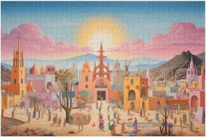 Impossible Puzzles for Adults，Sunset Over A Colorful Desert Settlement Pink Skies, Ornate Structures and Bustling Activity-1000 PCS，Good for Game Night