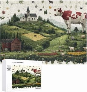 Impossible Puzzle for Adults，Mythical - Sized Cow in A Scenic Alpine Village500 PCS，challenging
