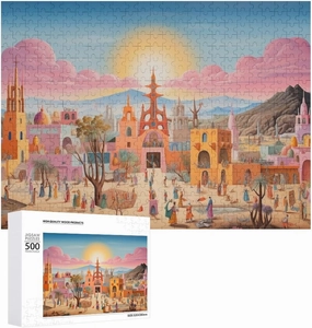 Impossible Puzzle for Adults，Sunset Over A Colorful Desert Settlement Pink Skies, Ornate Structures and Bustling Activity-500 PCS，Good for Game Night