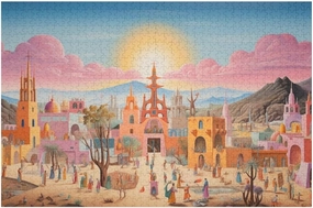 Impossible Puzzles for Adults，Sunset Over A Colorful Desert Settlement Pink Skies, Ornate Structures and Bustling Activity-1000 PCS，Good for Game Night