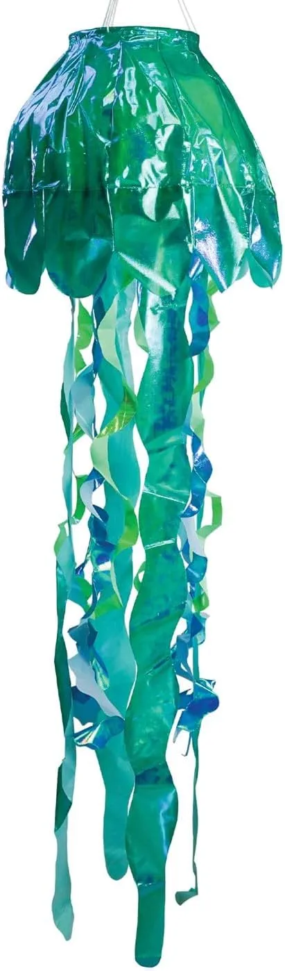 In the Breeze 5257 — 40-inch Teal Iridescent Jellyfish 3D Windsock — Simmering Windsock with Inflatable Head and Free-Flowing Tentacles