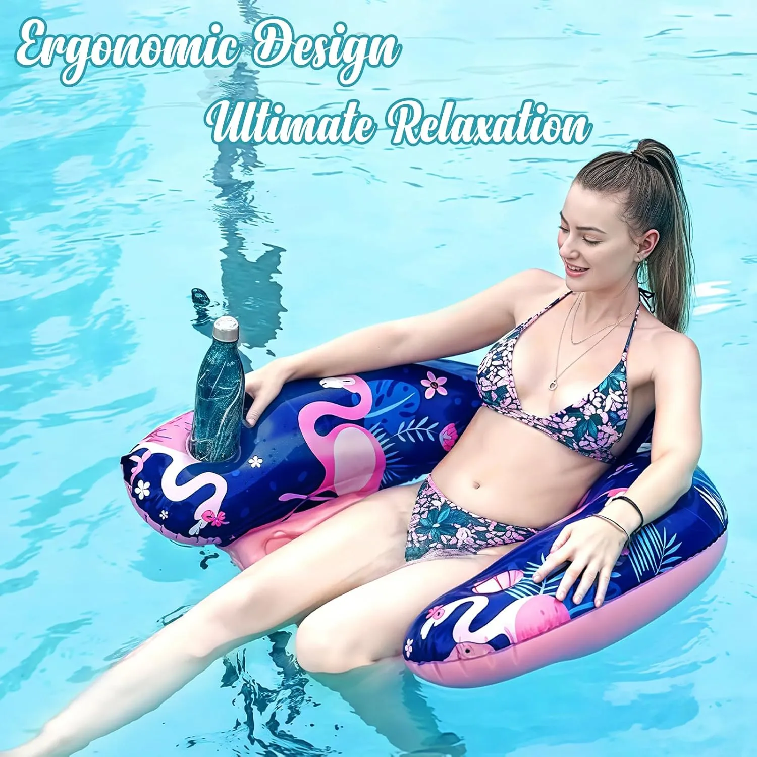 Inflatable Pool Float Chair - Floating Pool Chair Adult Pool Float Seat with Cup Holder and Backrest, Portable Lounge Floats for Swimming Pool Party Toy Floaties Beach Floaty