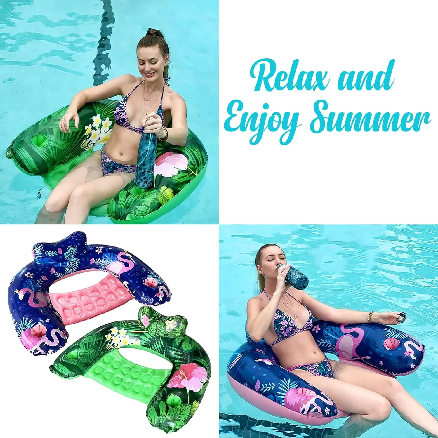 Inflatable Pool Float Chair - Floating Pool Chair Adult Pool Float Seat with Cup Holder and Backrest, Portable Lounge Floats for Swimming Pool Party Toy Floaties Beach Floaty