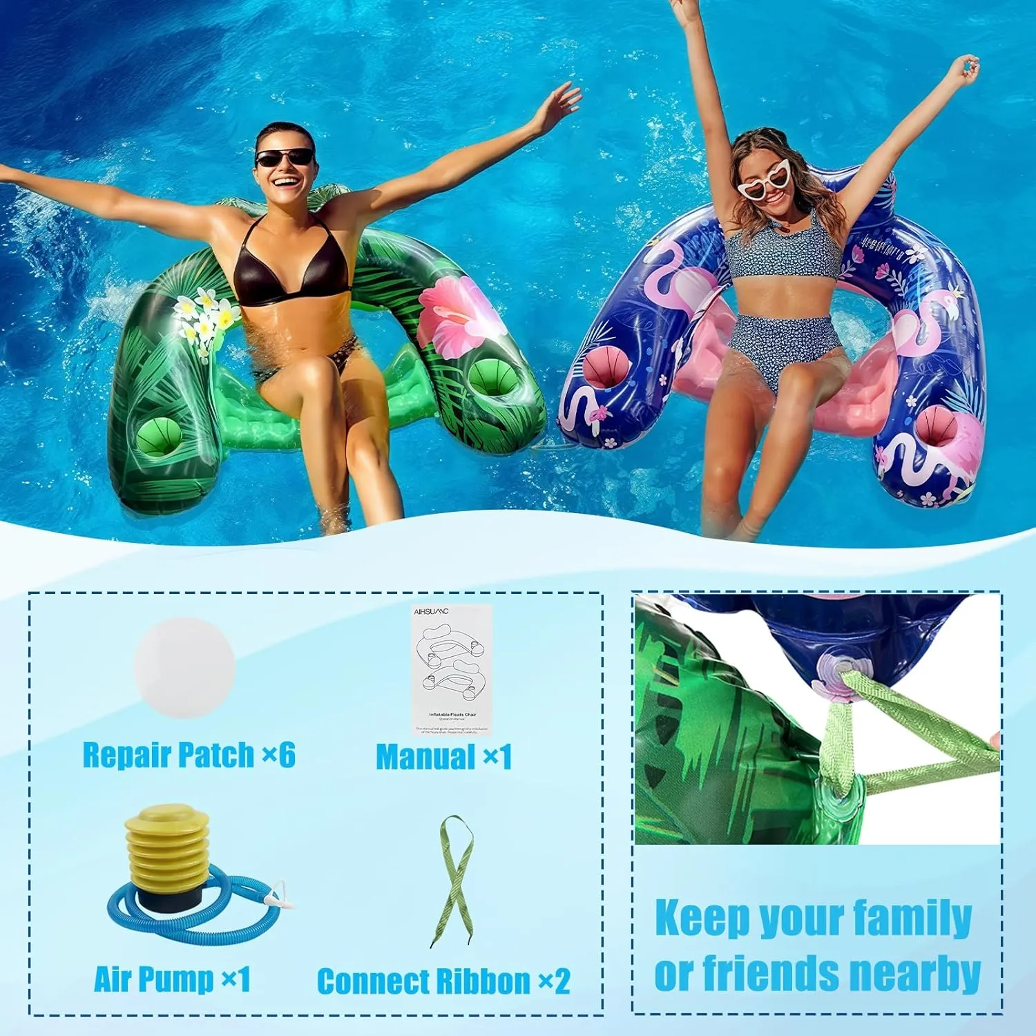 Inflatable Pool Float Chair - Floating Pool Chair Adult Pool Float Seat with Cup Holder and Backrest, Portable Lounge Floats for Swimming Pool Party Toy Floaties Beach Floaty