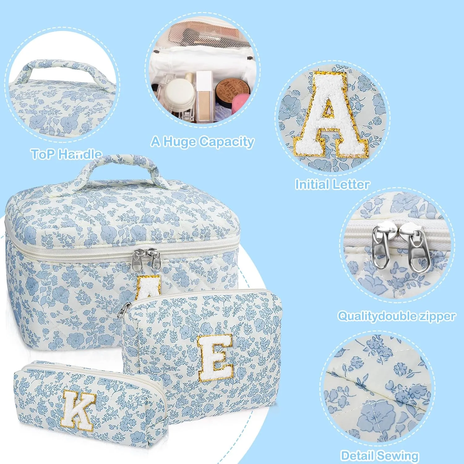 Initial Makeup Bag Set, Personalized Quilted Makeup Bag, Large Floral Cosmetic Bag for Women, Cute Cotton Custom Make up Bags, Flower Travel Toiletry Bag Teen Girl Gift Blue Flower A