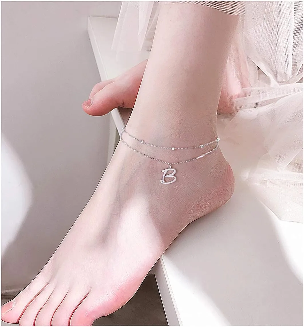 Initials Anklet for Women S925 Sterling Silver Adjustable Foot Ankle Bracelet with Letter