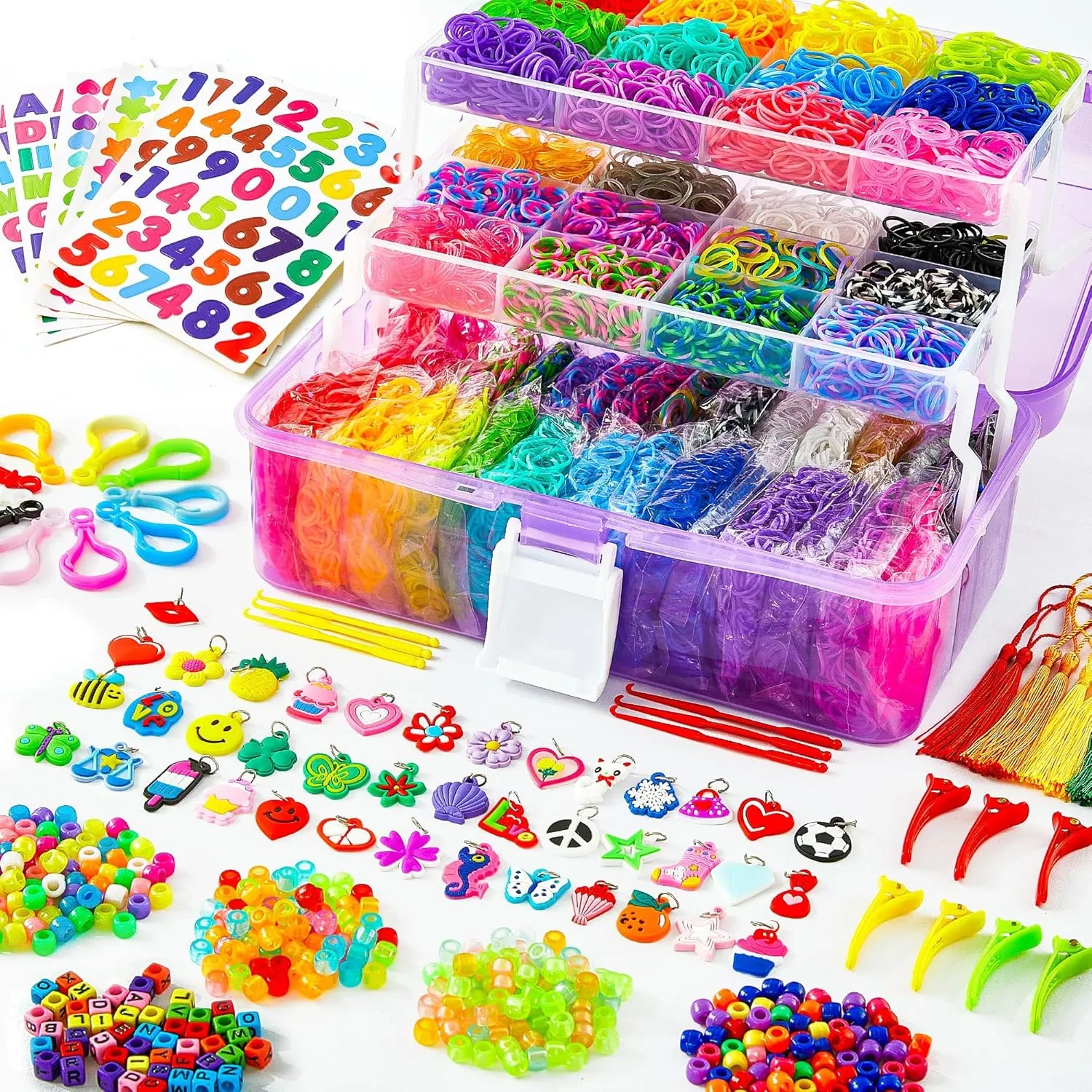 INSCRAFT 17500  Rubber Loom Bands with 3 Layer Container, 28 Colors, 600 S-Clips, 352 Beads, 40 Cartoon Pendant, Bracelet Making Refill Kit for Kids