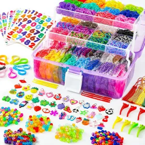 INSCRAFT 17500  Rubber Loom Bands with 3 Layer Container, 28 Colors, 600 S-Clips, 352 Beads, 40 Cartoon Pendant, Bracelet Making Refill Kit for Kids