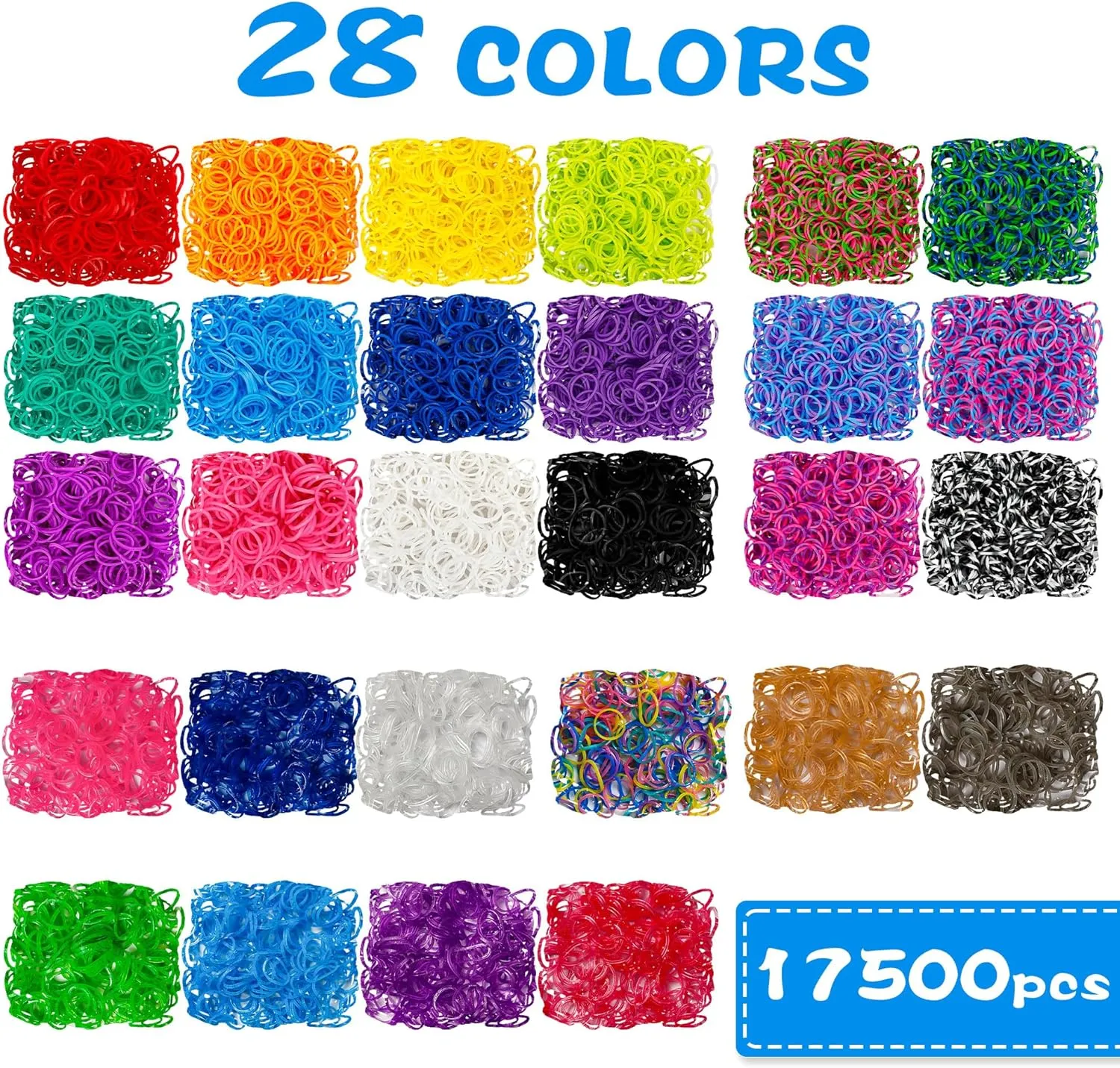 INSCRAFT 17500  Rubber Loom Bands with 3 Layer Deep Blue Container, 28 Colors, 600 S-Clips, 352 Beads, 40 Cartoon Pendant, Bracelet Making Refill Kit for Kids
