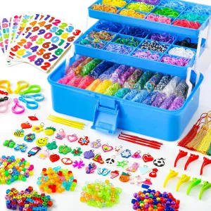 INSCRAFT 17500  Rubber Loom Bands with 3 Layer Deep Blue Container, 28 Colors, 600 S-Clips, 352 Beads, 40 Cartoon Pendant, Bracelet Making Refill Kit for Kids