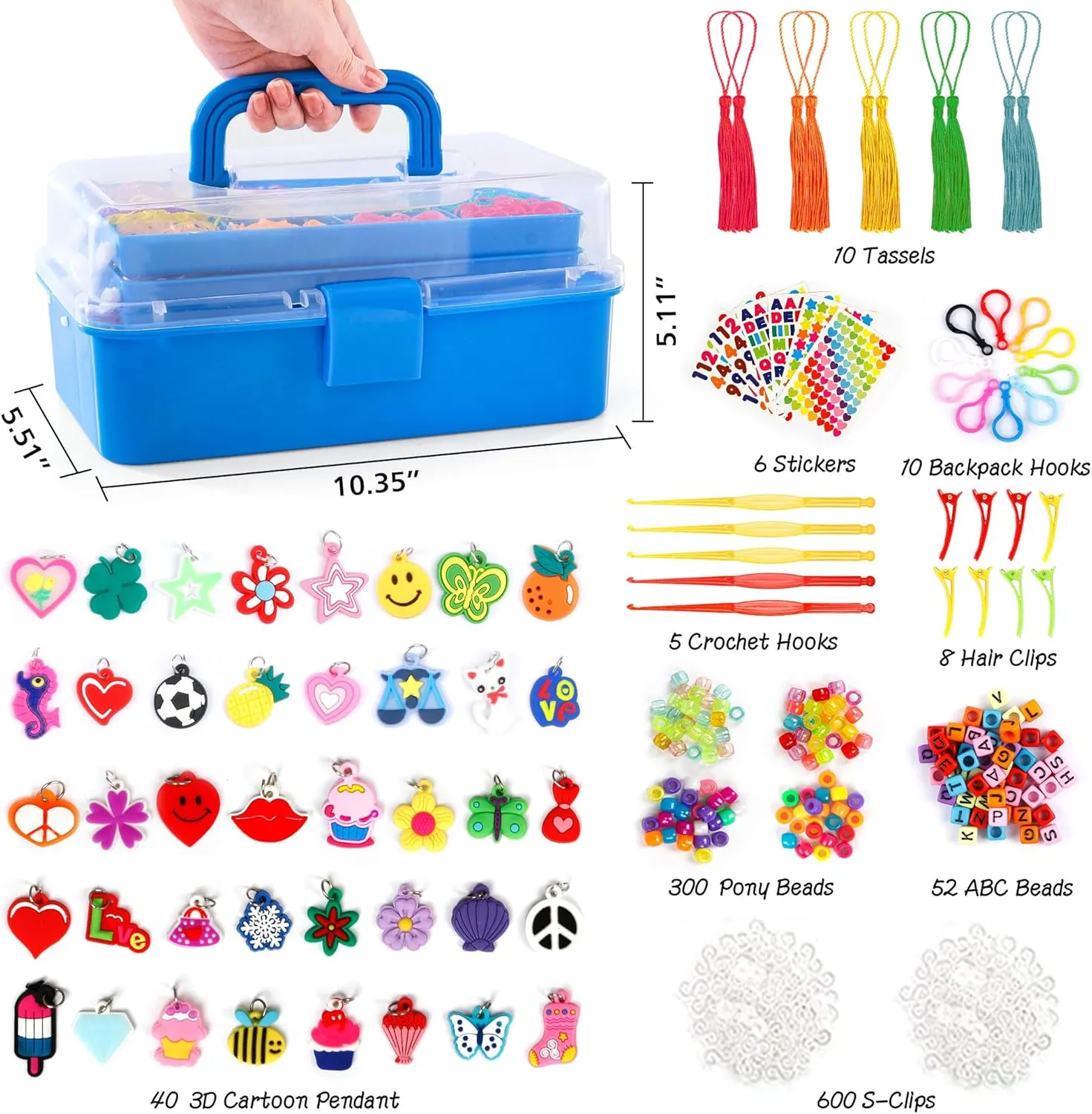 INSCRAFT 17500  Rubber Loom Bands with 3 Layer Deep Blue Container, 28 Colors, 600 S-Clips, 352 Beads, 40 Cartoon Pendant, Bracelet Making Refill Kit for Kids