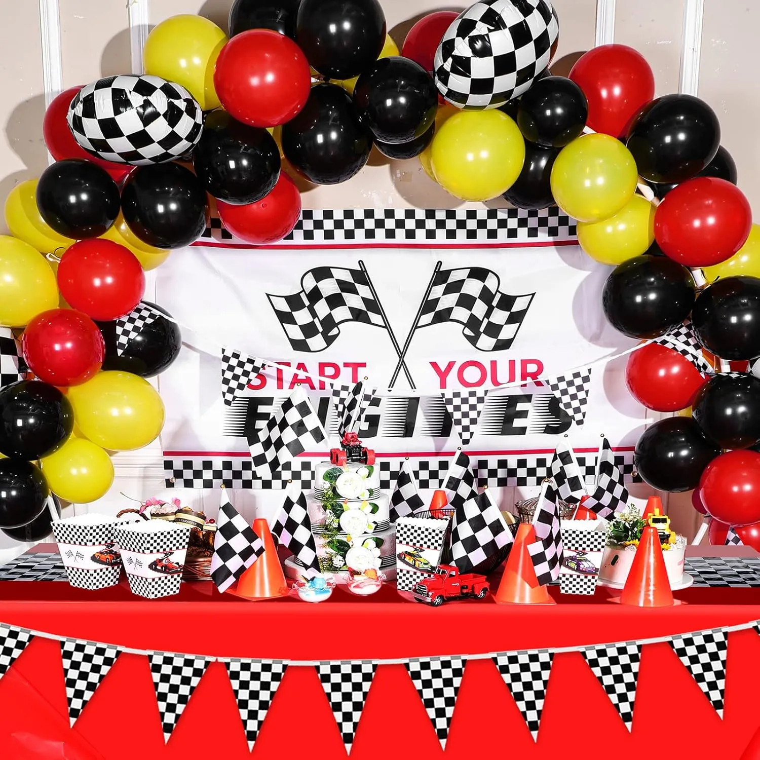 Irenare Car Birthday Party Supplies Racing Decorations 50s Party Tablecloth Racetrack Table Runner Table Covers for Kids Boy Car Theme Birthday Decor, 54 x 108 Inch(Red,8 Sheets)