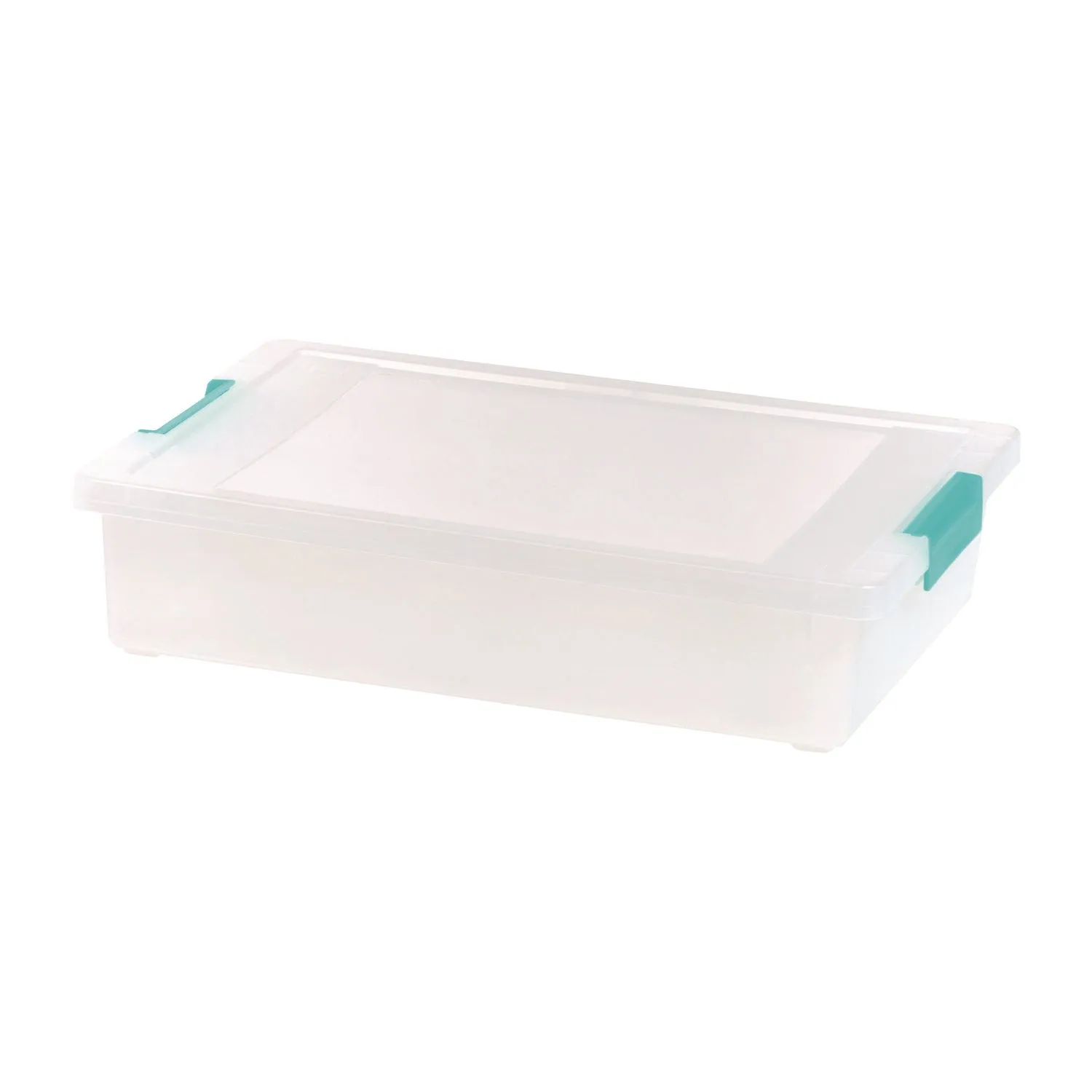 IRIS Latch Lid Storage Box, 2.3 gal, 14 x 11 x 3.5, Clear Bin/Seafoam Latches