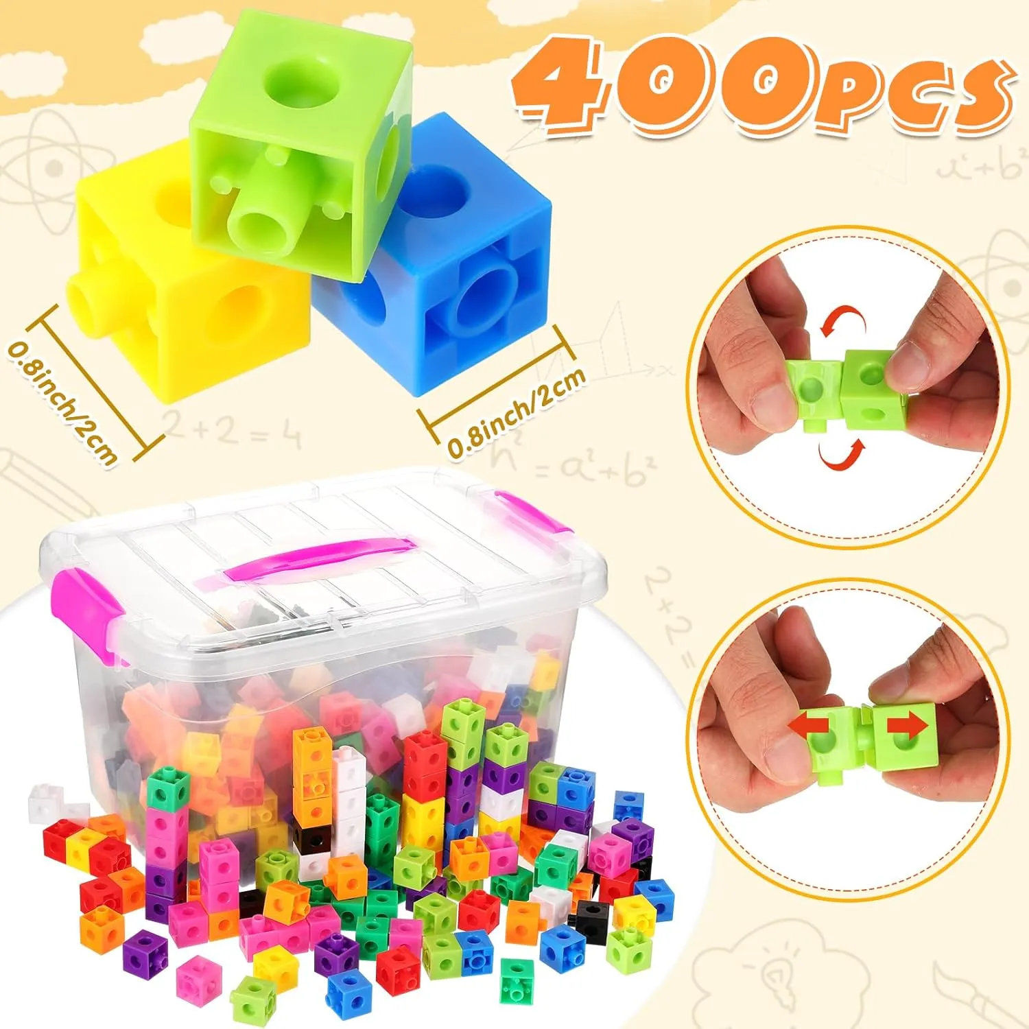 Jenaai 400 Pcs Math Linking Cubes with Storage Box, Plastic Counting Blocks, Colorful Math Cubes, Manipulative Connecting Snap Blocks for Early Math Construction Kindergarten Educational Toy (Pink)