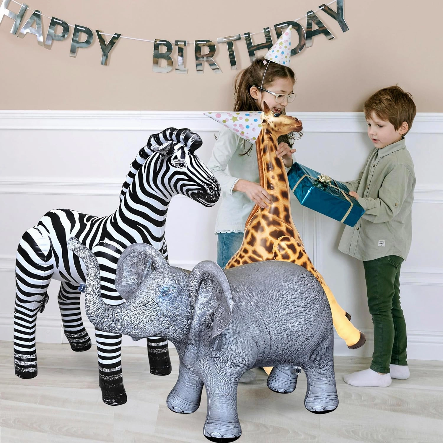 Jet Creations Life on Earth Wildlife Safari Inflatable, 3-PK, Giraffe, Zebra, Elephant, Realistic Animal Bundle for Party Decoration, Pool, Birthday, Africa Jungle Photo Prop. Easy to Inflate, 1pc