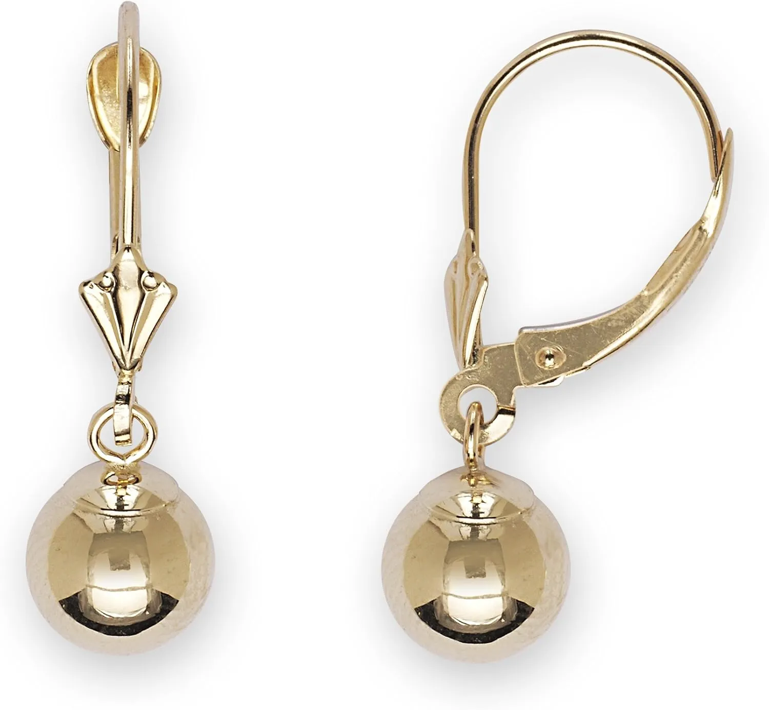 Jewelryweb - Real 14k Yellow Gold Dangle Polished Ball Lever Back Earrings - 5mm, 6mm, 7mm, 8mm - Gold Dangle Earrings for Women- Hypoallergenic Earrings