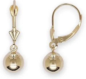 Jewelryweb - Real 14k Yellow Gold Dangle Polished Ball Lever Back Earrings - 5mm, 6mm, 7mm, 8mm - Gold Dangle Earrings for Women- Hypoallergenic Earrings