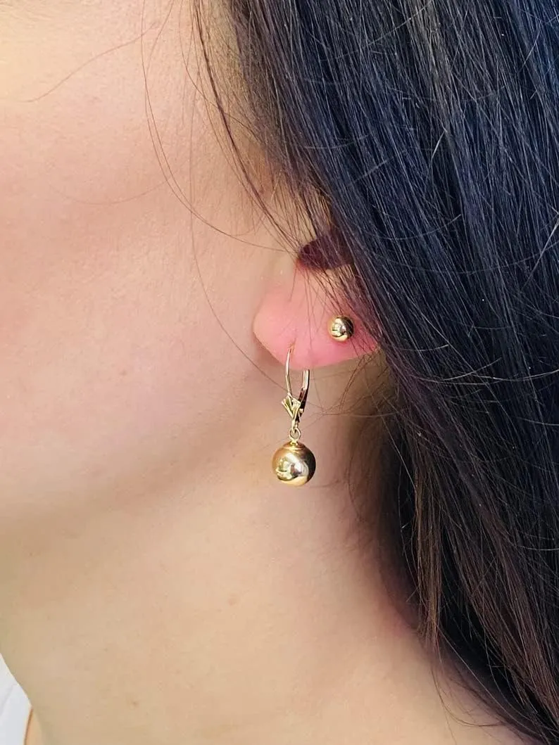Jewelryweb - Real 14k Yellow Gold Dangle Polished Ball Lever Back Earrings - 5mm, 6mm, 7mm, 8mm - Gold Dangle Earrings for Women- Hypoallergenic Earrings