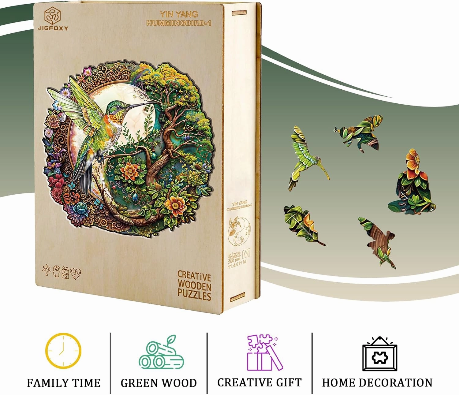 Jigfoxy Wooden Puzzles for Adults, Yin Yang Hummingbird Wood Puzzles Adult, Unique Animal Shape Wooden Jigsaw Puzzles for Adults, Birthday Gifts for Puzzle Lovers, Family (S-8.5 * 8.2in-100pcs)
