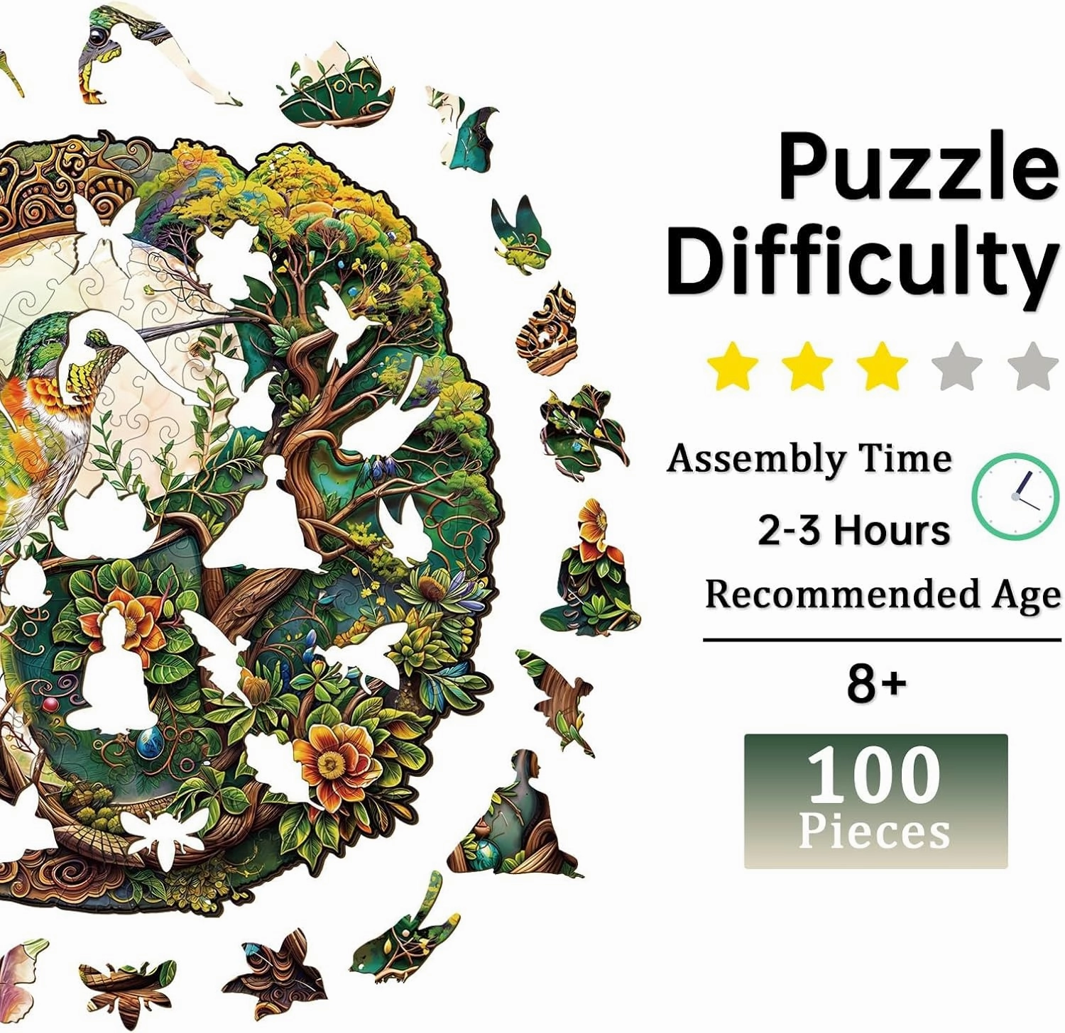 Jigfoxy Wooden Puzzles for Adults, Yin Yang Hummingbird Wood Puzzles Adult, Unique Animal Shape Wooden Jigsaw Puzzles for Adults, Birthday Gifts for Puzzle Lovers, Family (S-8.5 * 8.2in-100pcs)