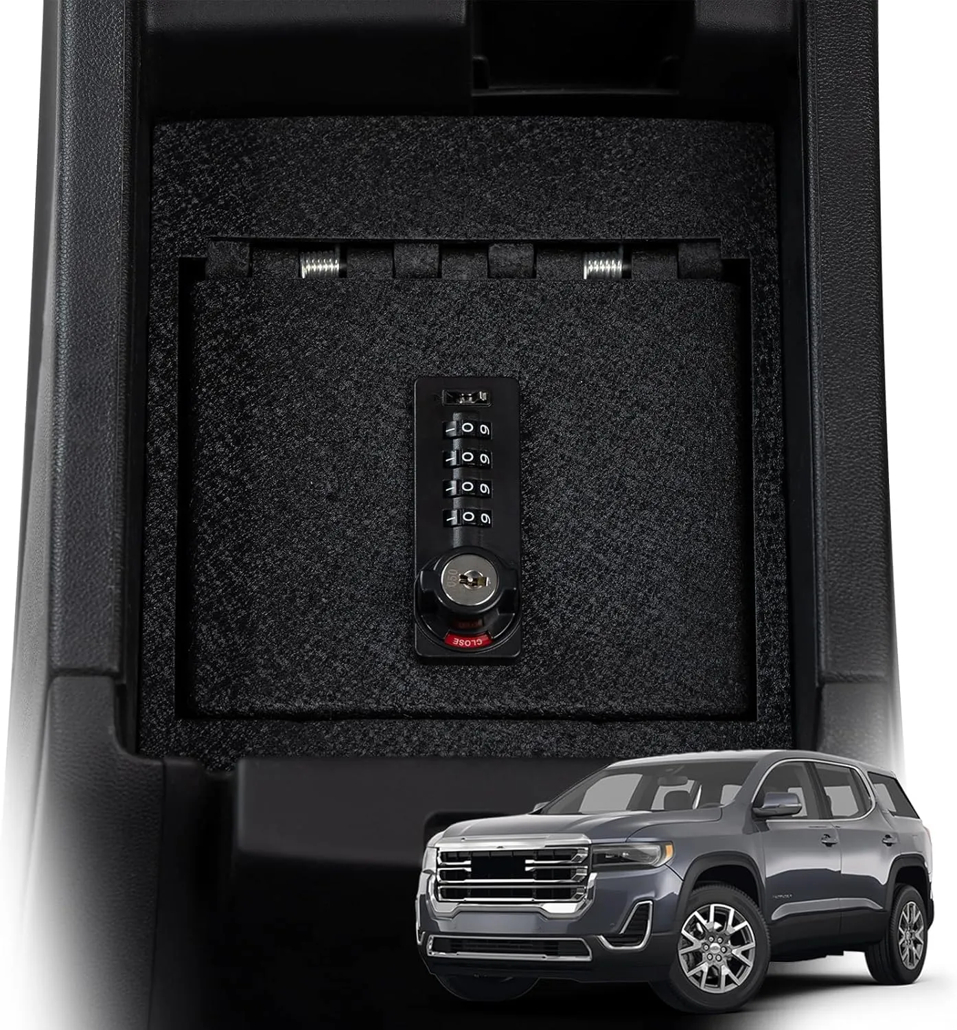 JIKE Center Console Gun Safe - Console Gun Vault Compatible with GMC Arcadia 2017-2023, High Security Armrest Lock Box with 4-digit Lock with Password Retrieval Key