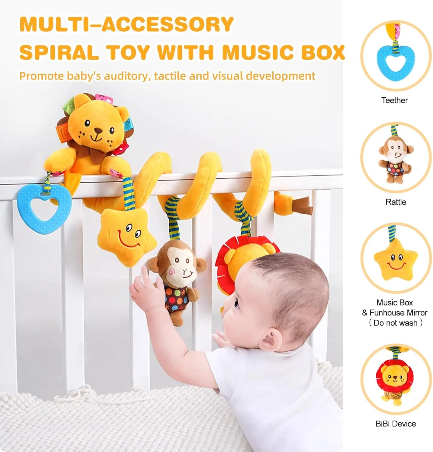 Jollybaby Baby Car Seat Stroller Toys, Plush Activity Hanging Spiral Activity Pram Crib with Music Box, Rattles, Squeaker for Babies Infant Boys Girls(Little Lion)