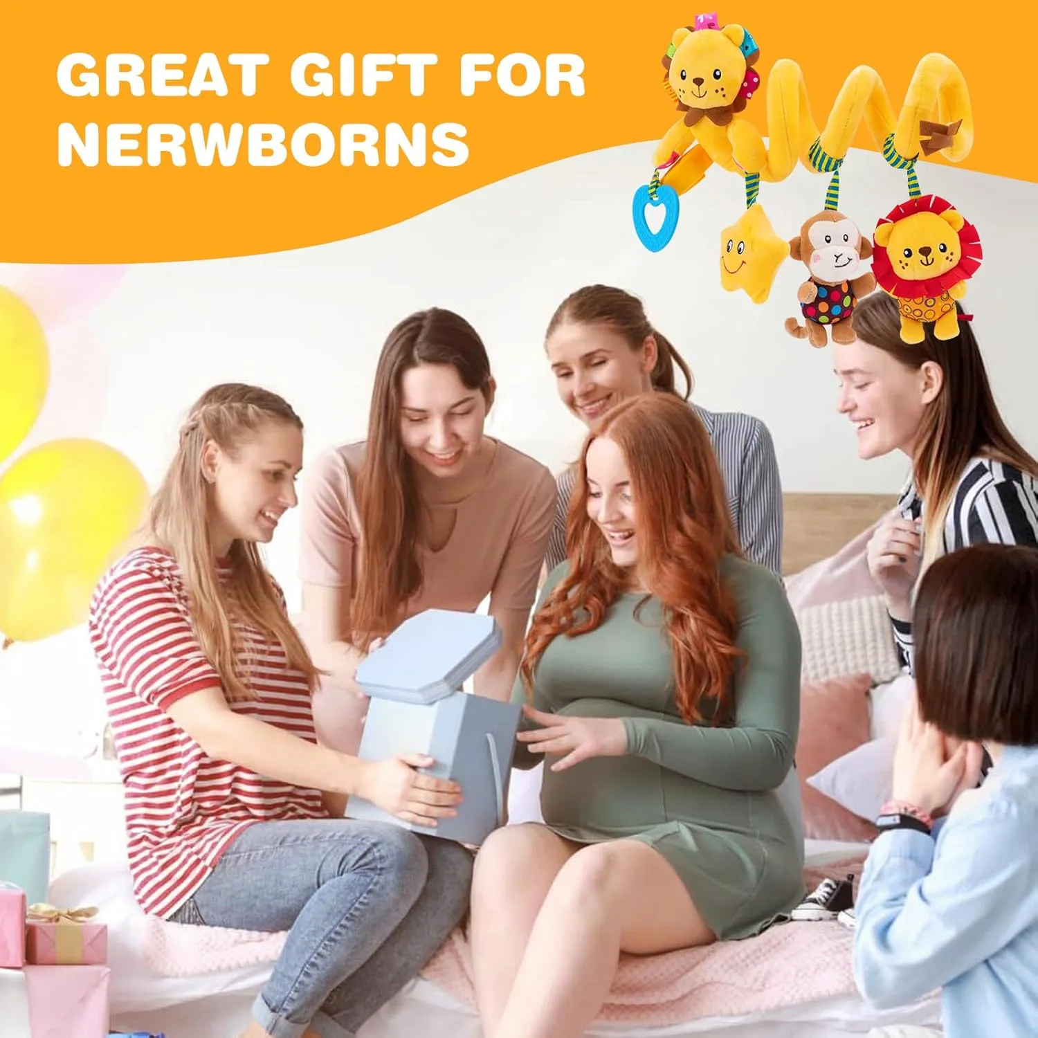 Jollybaby Baby Car Seat Stroller Toys, Plush Activity Hanging Spiral Activity Pram Crib with Music Box, Rattles, Squeaker for Babies Infant Boys Girls(Little Lion)