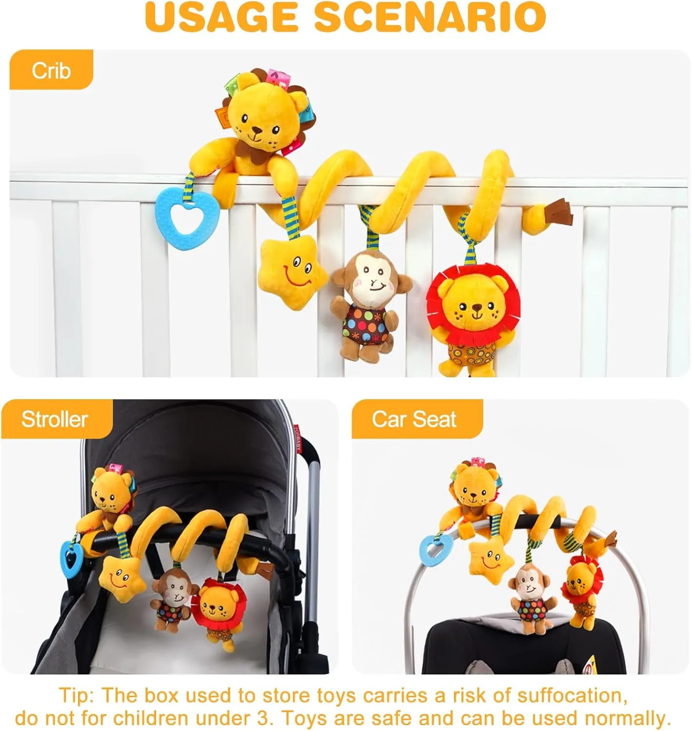 Jollybaby Baby Car Seat Stroller Toys, Plush Activity Hanging Spiral Activity Pram Crib with Music Box, Rattles, Squeaker for Babies Infant Boys Girls(Little Lion)